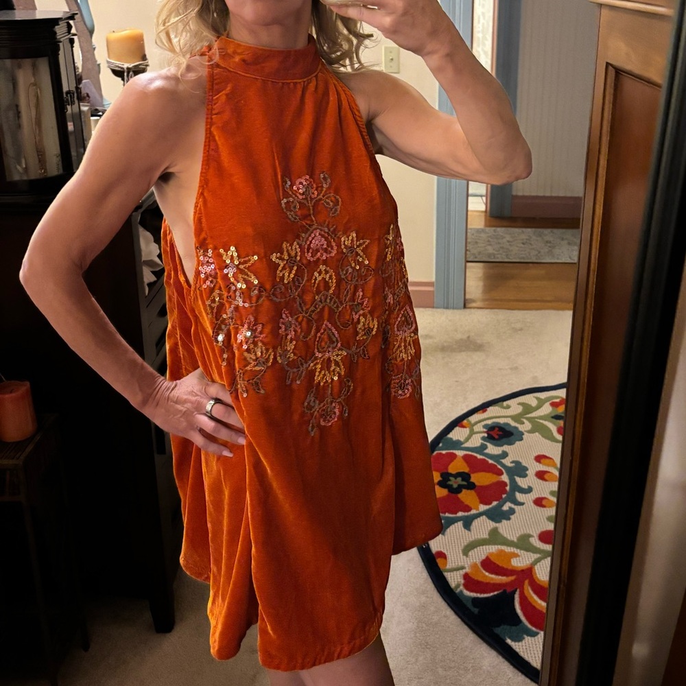 Embroidered Velvet Halter Dress - Orange